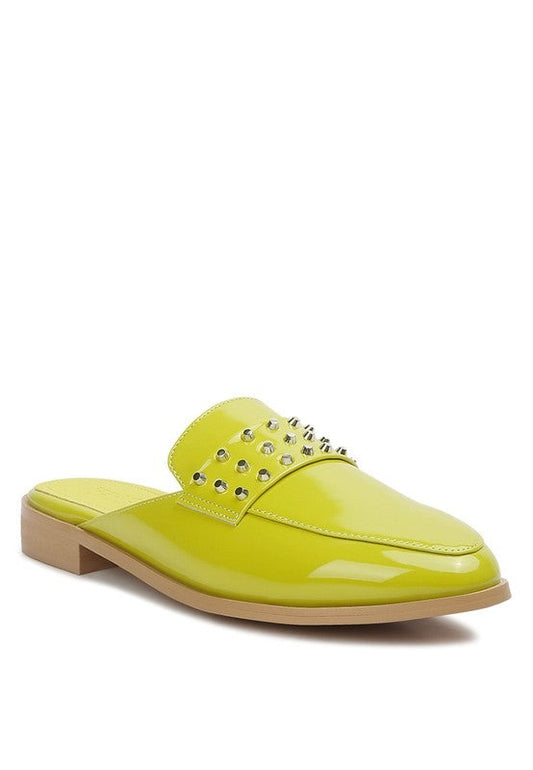 "Antique Lime" Patent Leather Studded Flat Loafer Style Mules by Rag & Co front side angle view in the color option lime.