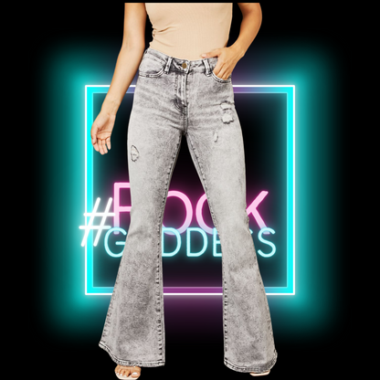 #RockGODDESS🦄Vintage Hi-Waisted Acid-Wash Bell-Bottom Denim Jeans by Bayeas front view shown in the available color option charcoal acid wash.