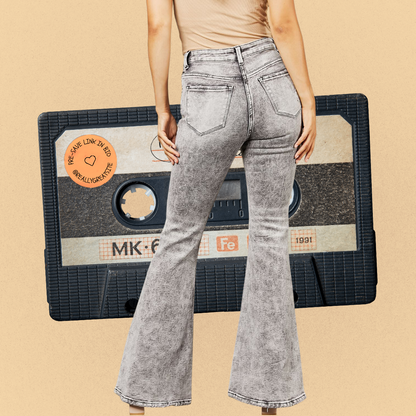 #RockGODDESS🦄Vintage Hi-Waisted Acid-Wash Bell-Bottom Denim Jeans by Bayeas back view in the available color option charcoal acid wash.