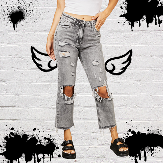 #GRUNGE🎸Retro Acid Wash/Cropped 100% Cotton Denim Jeans by Bayeas front view.