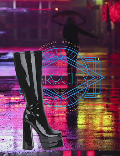 "Vinyliscious" Retro Inspired  Platform Rain Boot By Cape Robbin VIDEO of the boot in the city in the rain.